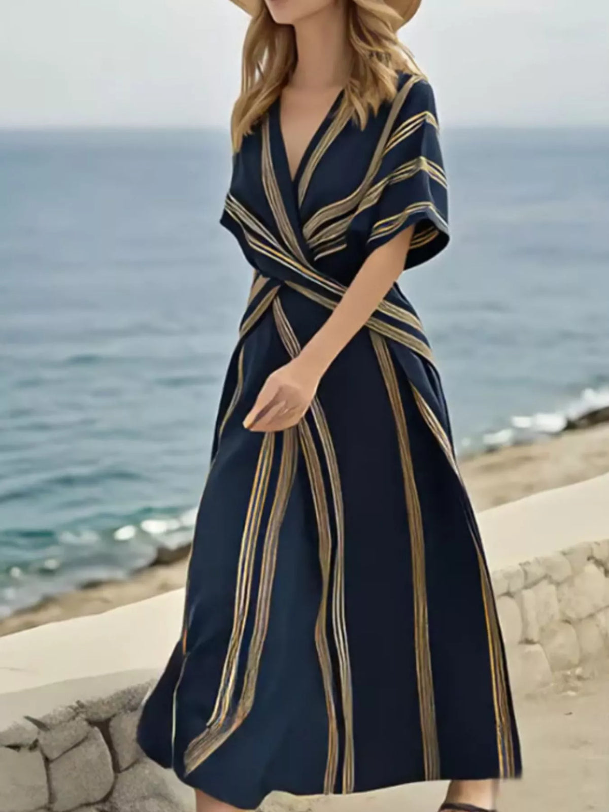 Full Size Striped Surplice Half Sleeve Midi Dress Plus Size - Dark Navy - View 3