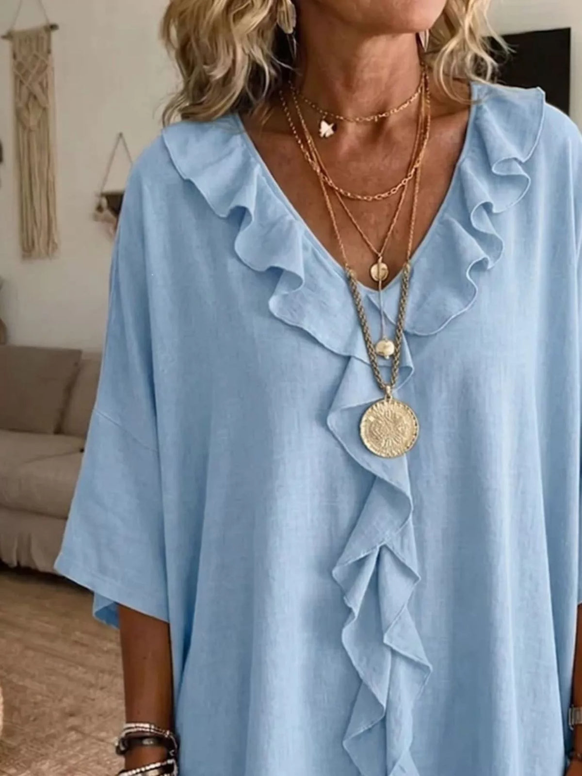 Full Size Ruffle V-Neck 3/4 Sleeve Blouse Plus Size - Light Blue - View 6