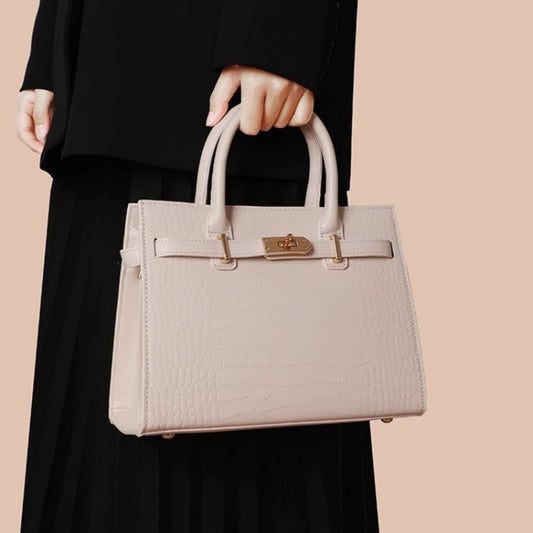 Crocodile-Embossed Leather Top Handle Handbag - Rice White - View 1