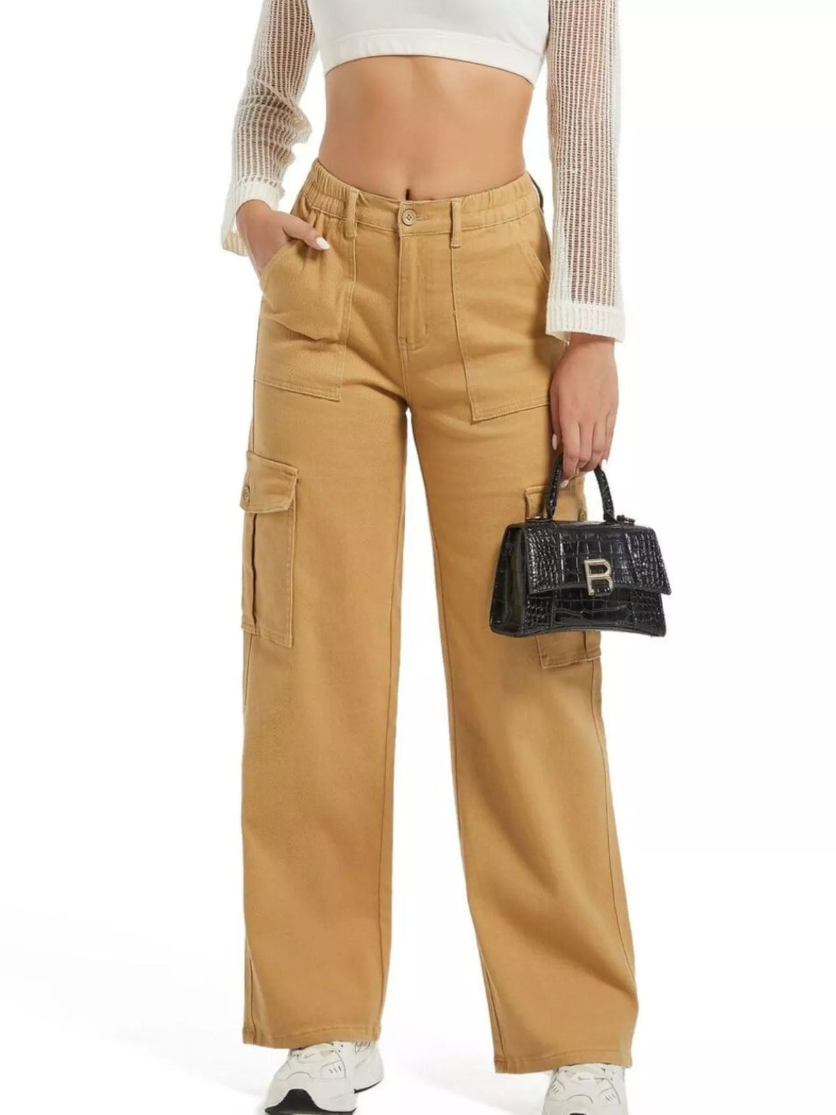 High-Waisted Cargo Jeans - Khaki - View 3
