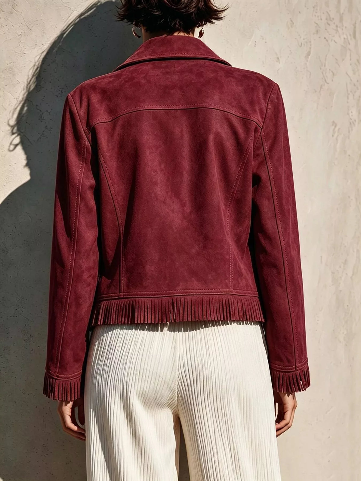 Fringe Hem Zip Up Jacket - Burgundy - View 2