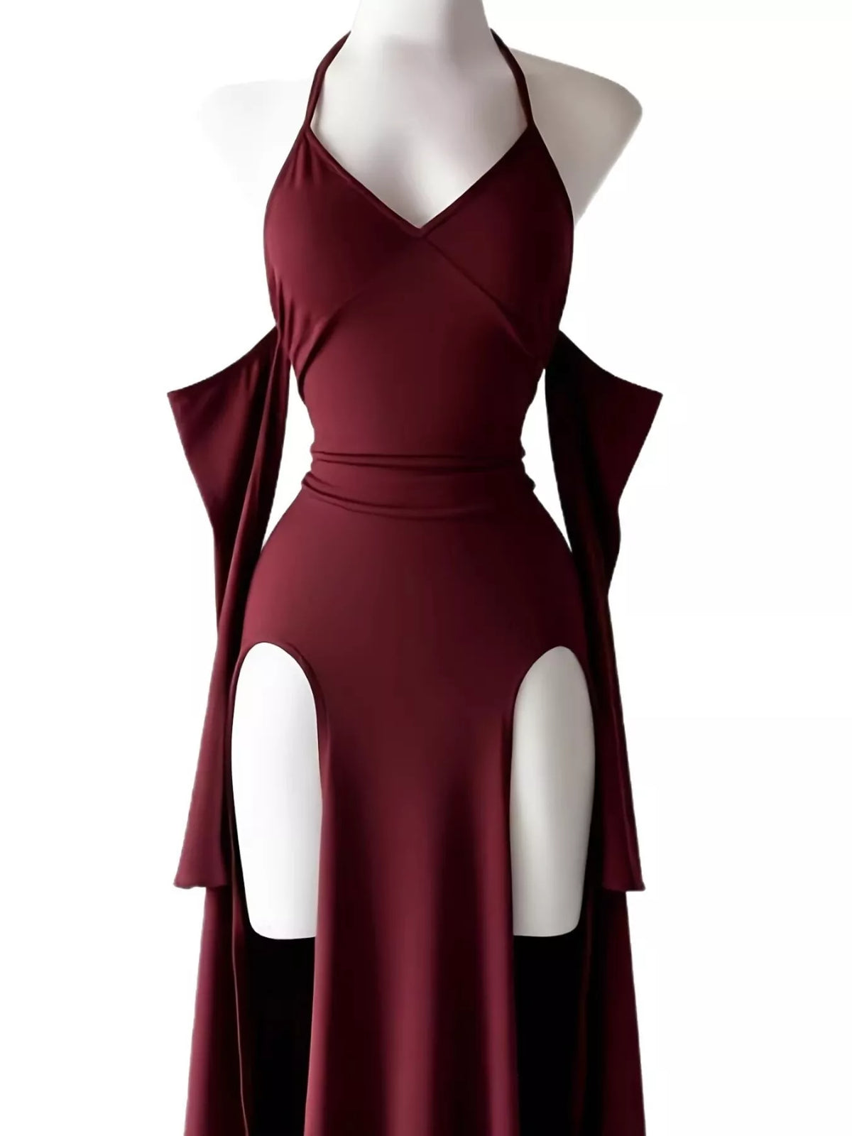 Halter Neck High-Slit Bodycon Dress - Wine Red - View 2