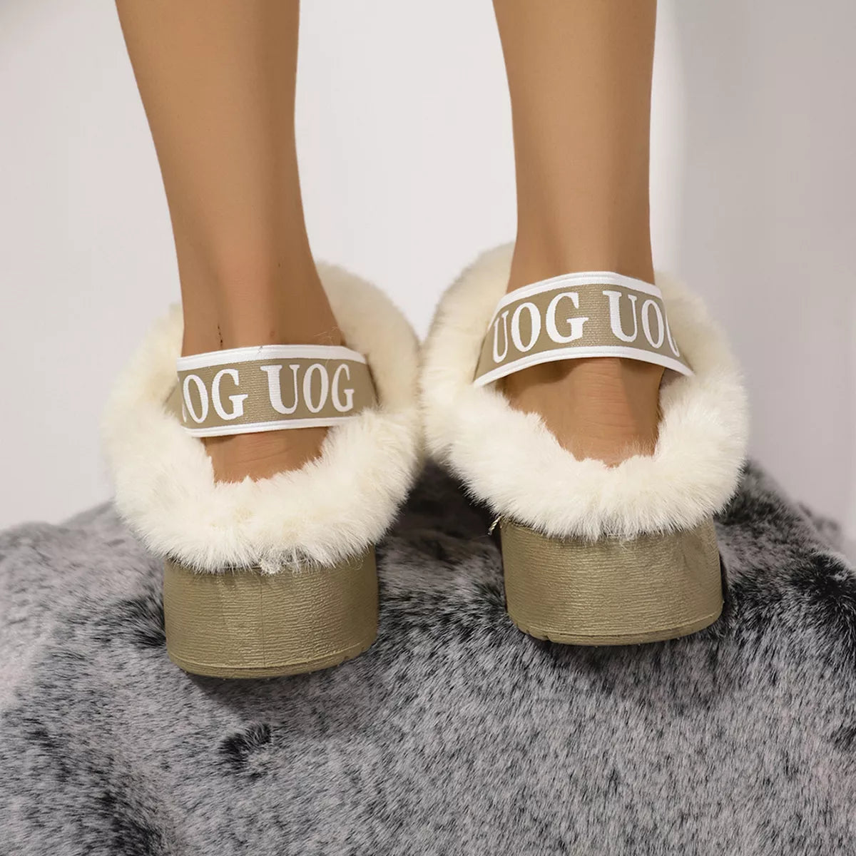 Round Toe Fur Trim Platform Slippers - Sage - View 6