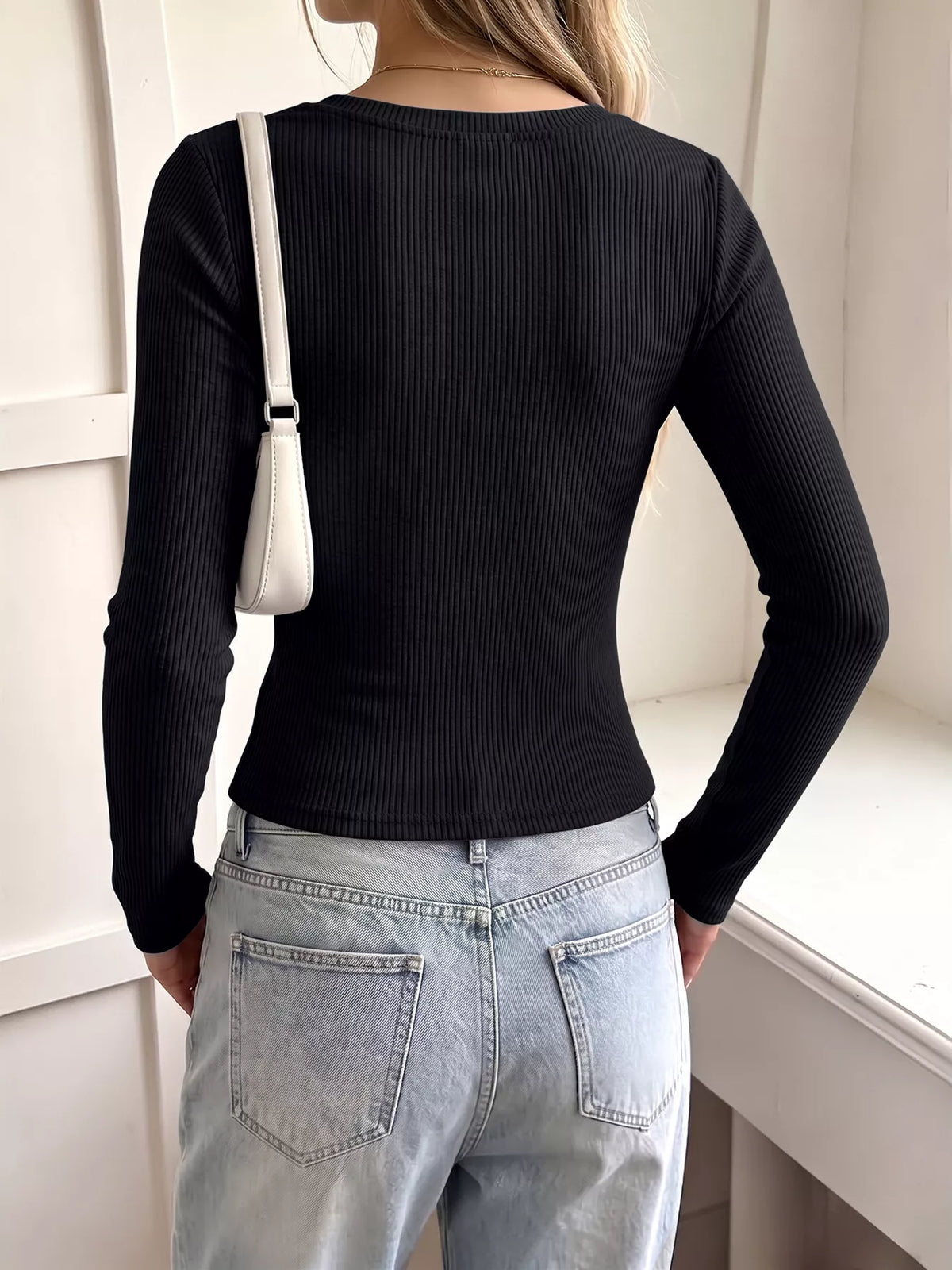 Lace Trim Ribbed Knit Long Sleeve T-Shirt - Black - View 3