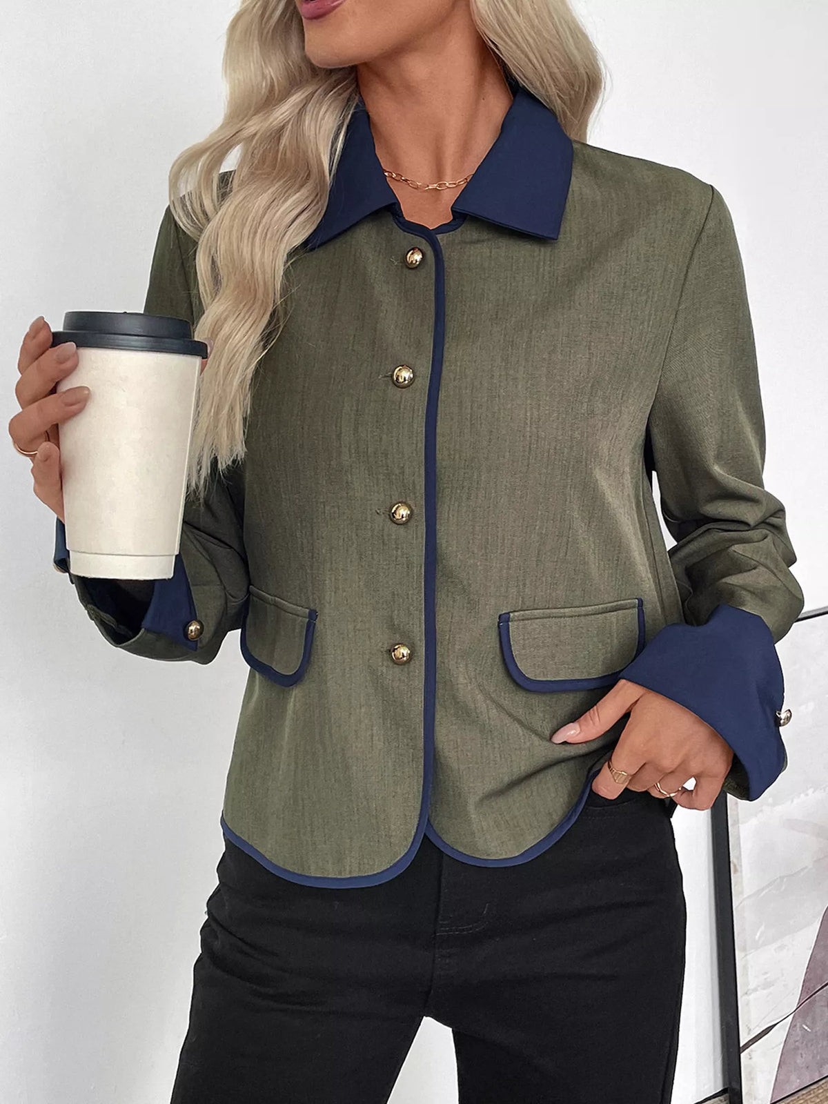 Contrast Trim Button-Up Jacket - Green - View 4