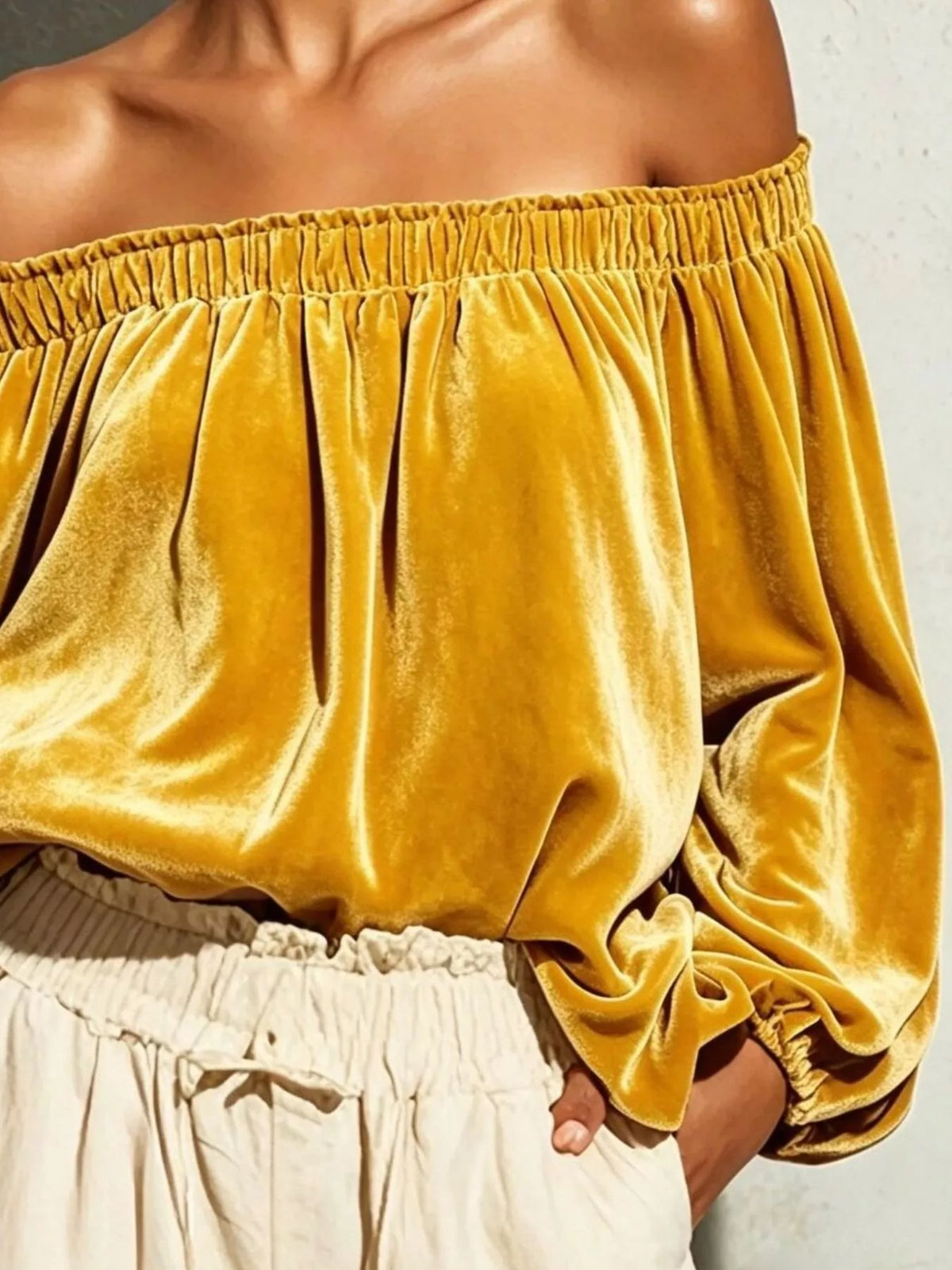 Off-Shoulder Velvet Long Sleeve T-Shirt - Mustard - View 2