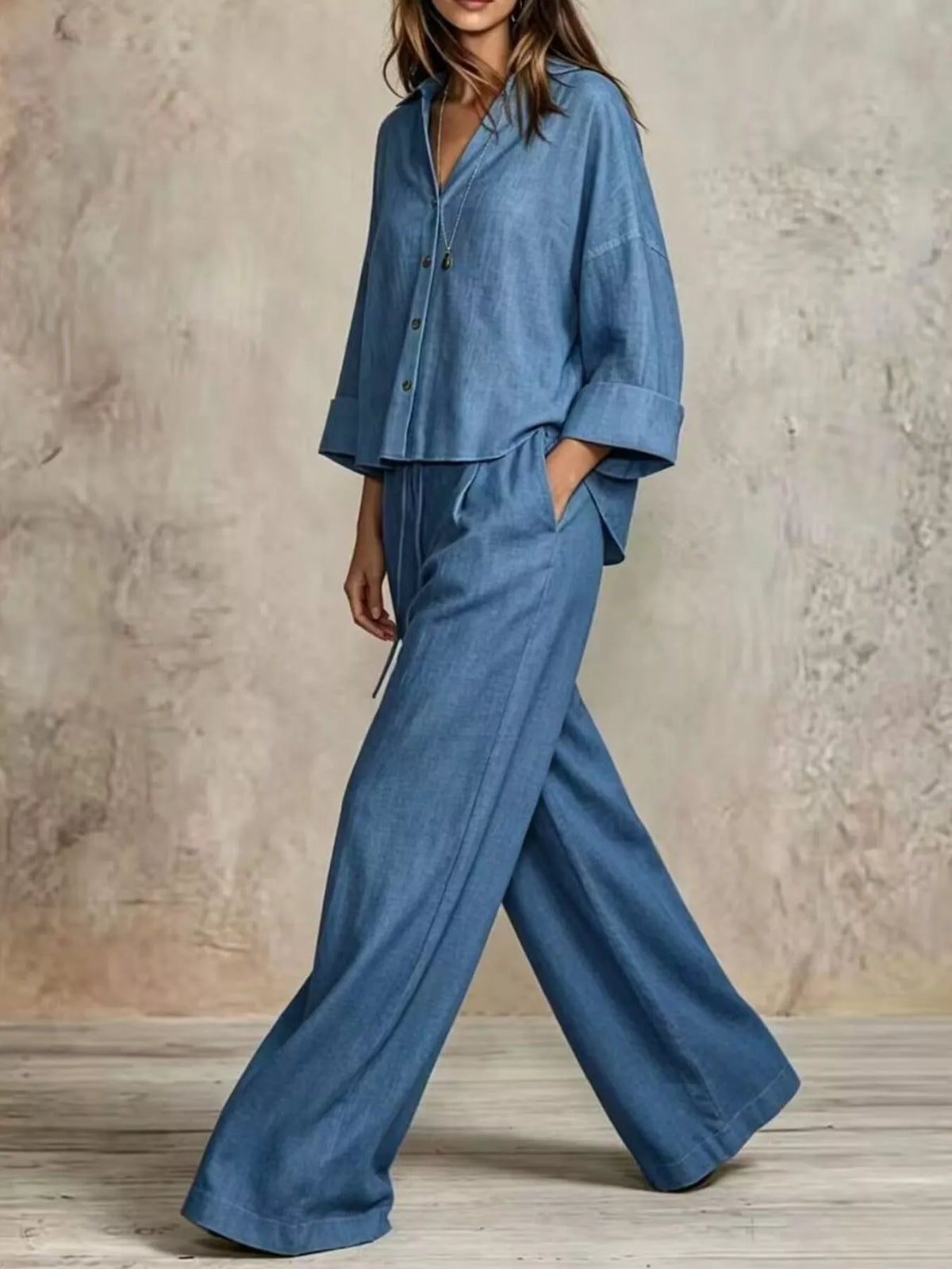 Full Size Button-Down Shirt and Wide-Leg Pants Set Plus Size - Blue - View 13