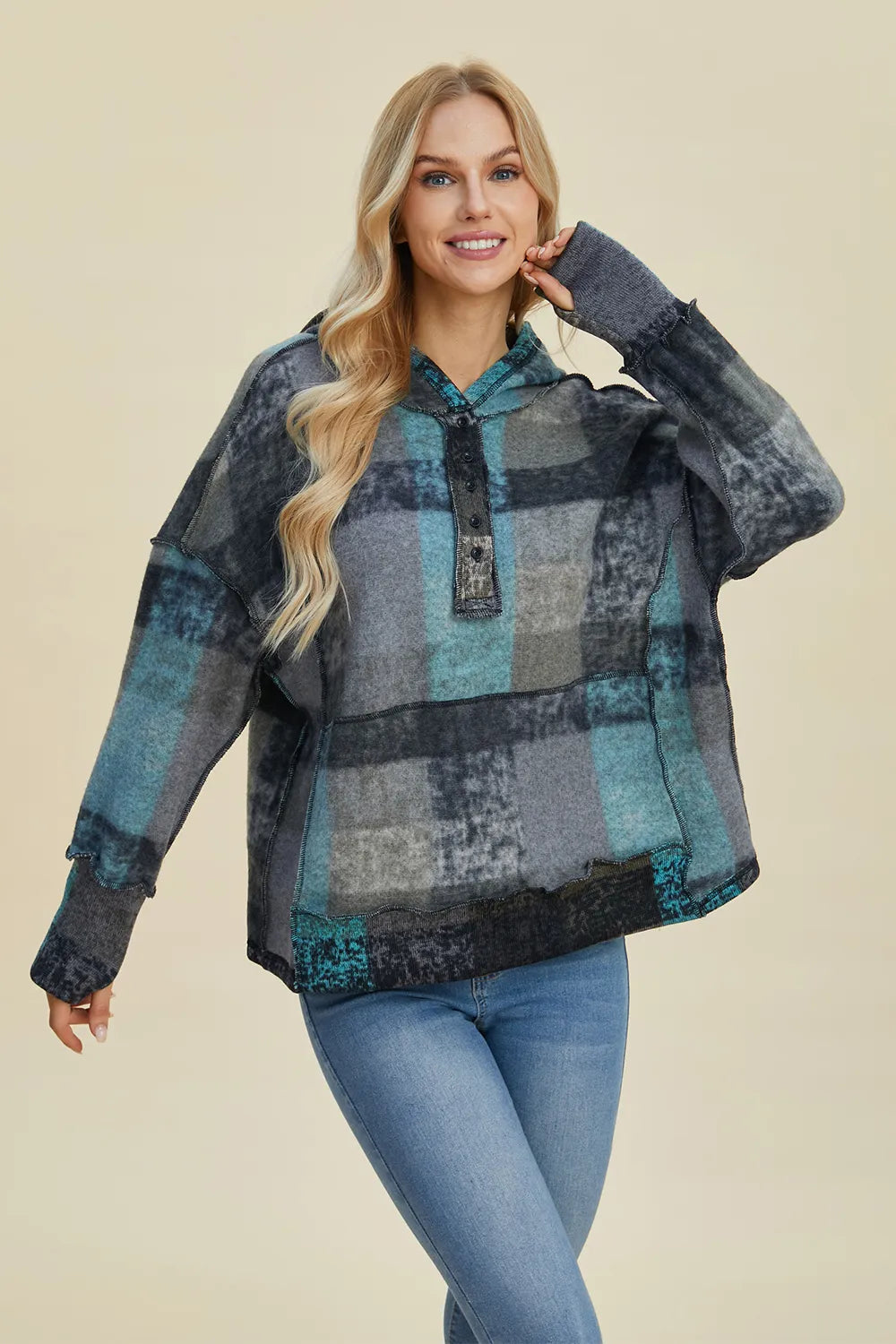 Double Take Full Size Plaid Dropped Shoulder Fleece Hoodie Plus Size - Dark Gray - View 1