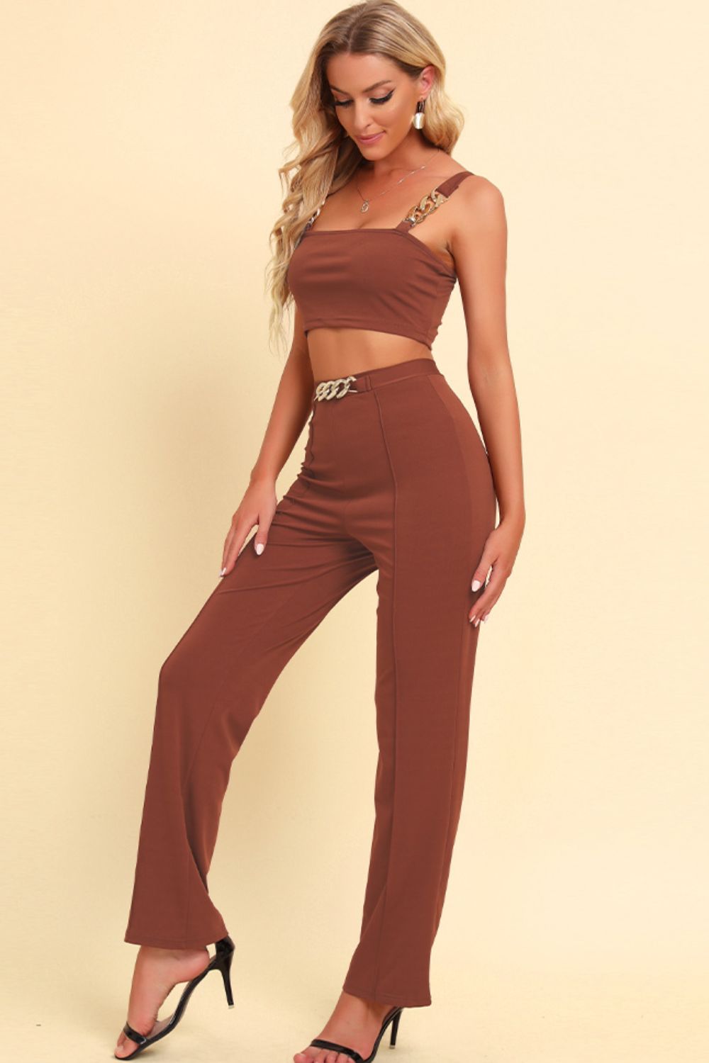Chain Detail Cropped Cami and Straight Leg Pants Set - Caramel - View 4