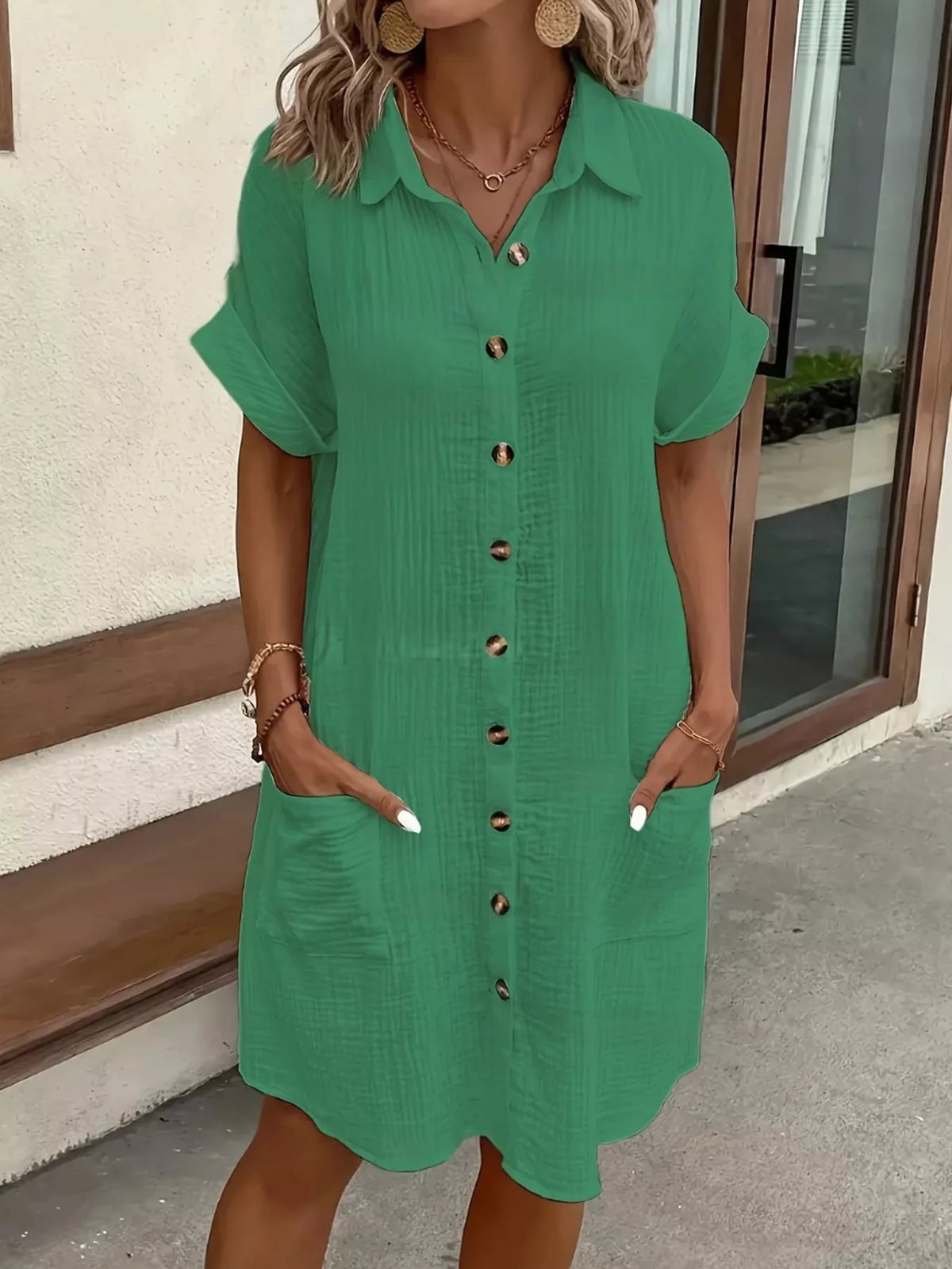Full Size Button-Down Textured Shirt Dress with Pockets Plus Size - Dark Green - View 17