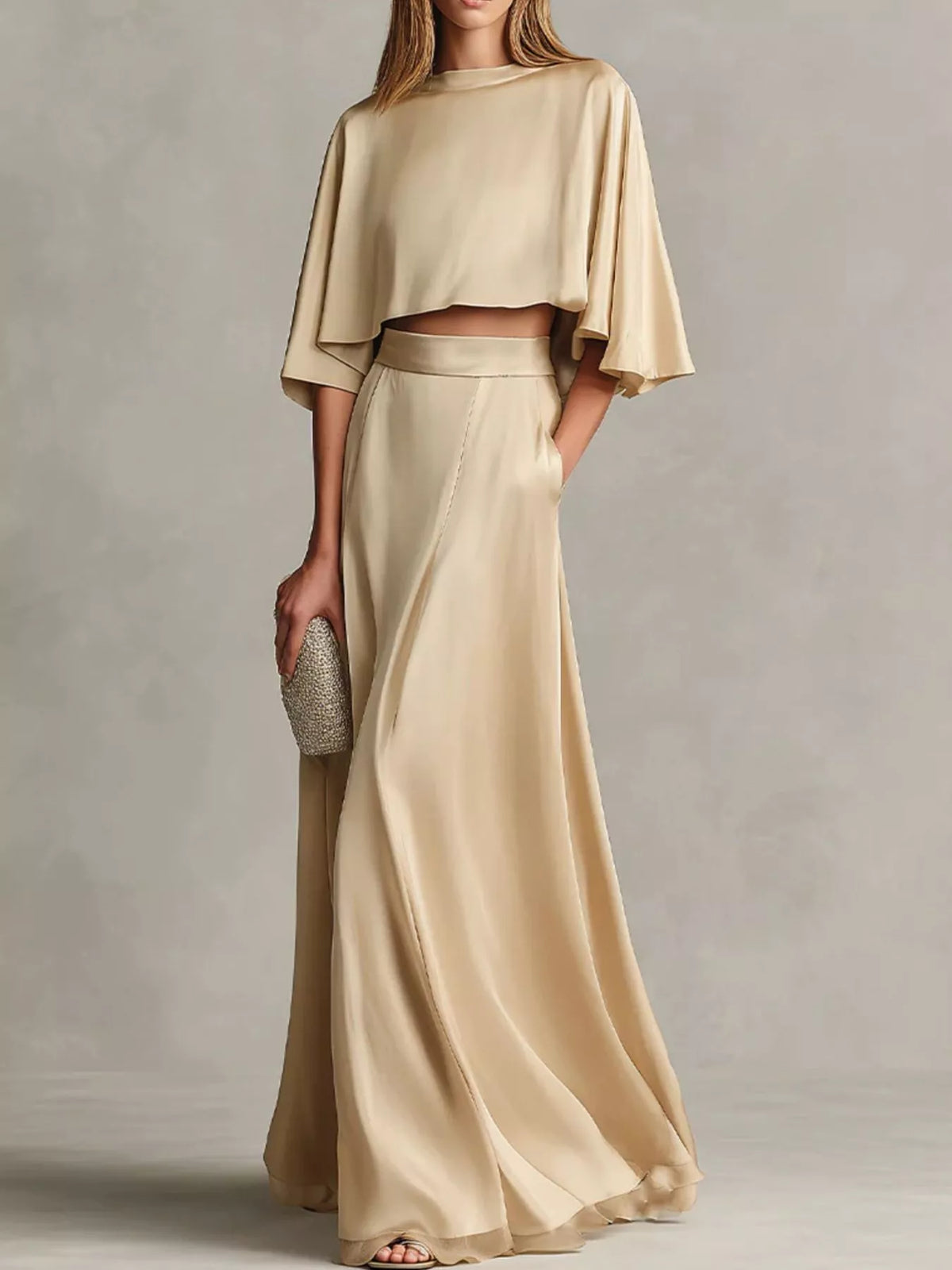 Full Size Satin Crop Top and Maxi Skirt Two-Piece Set Plus Size - Champagne Color - View 1