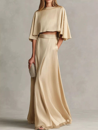 Full Size Satin Crop Top and Maxi Skirt Two-Piece Set Plus Size - Champagne Color - View 1