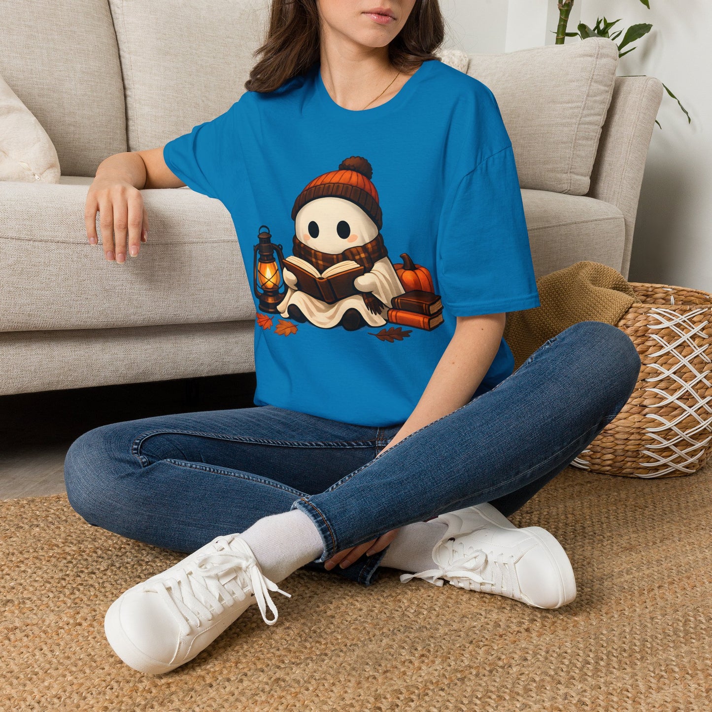 Cozy Reading Ghost Tee - Heather Indigo - product view 3 - Heather Indigo