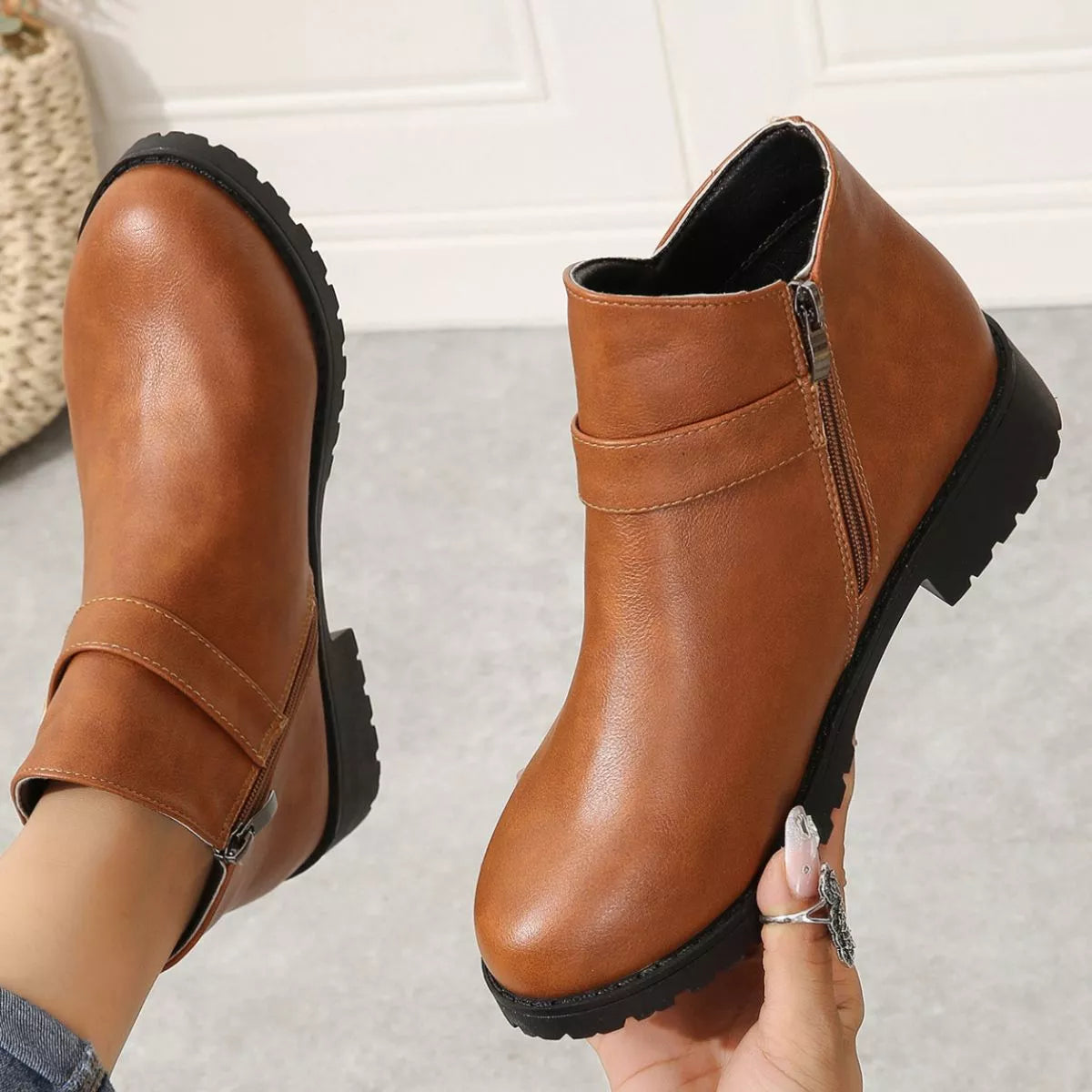 Round Toe Block Heels Boots - Yellowish Brown - View 7