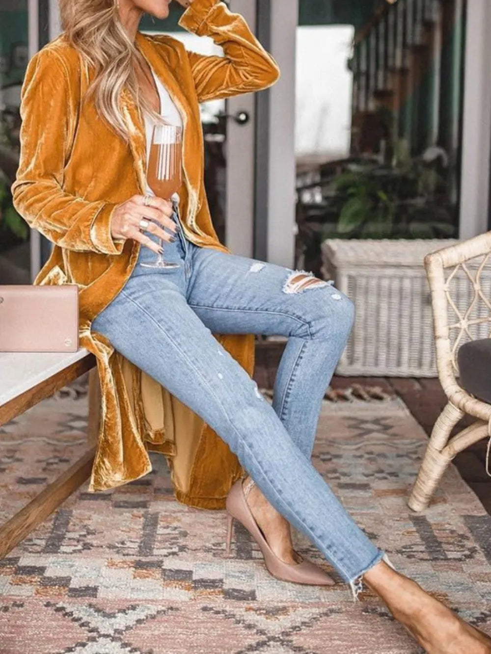 Open Front Long Sleeve Coat - Tangerine - Seated Styled View