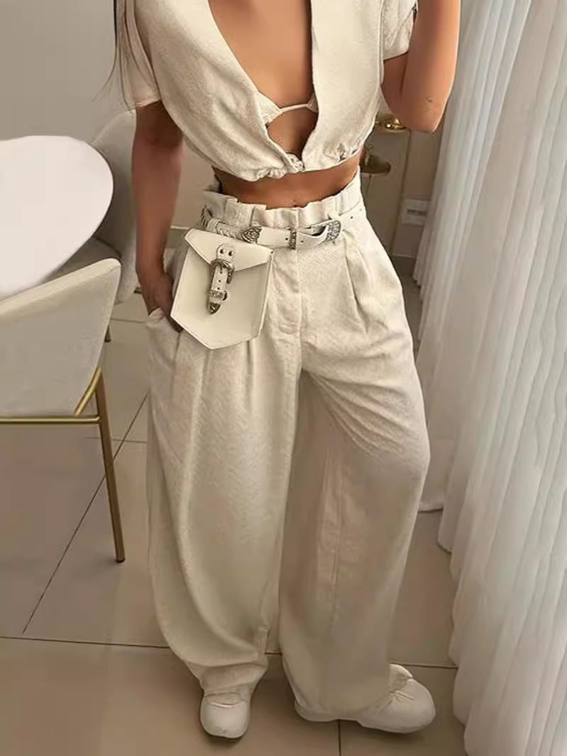 Fashion Casual Sleeveless Two-Piece Set Shirt Collar Tie String Multi-Pocket Outfit