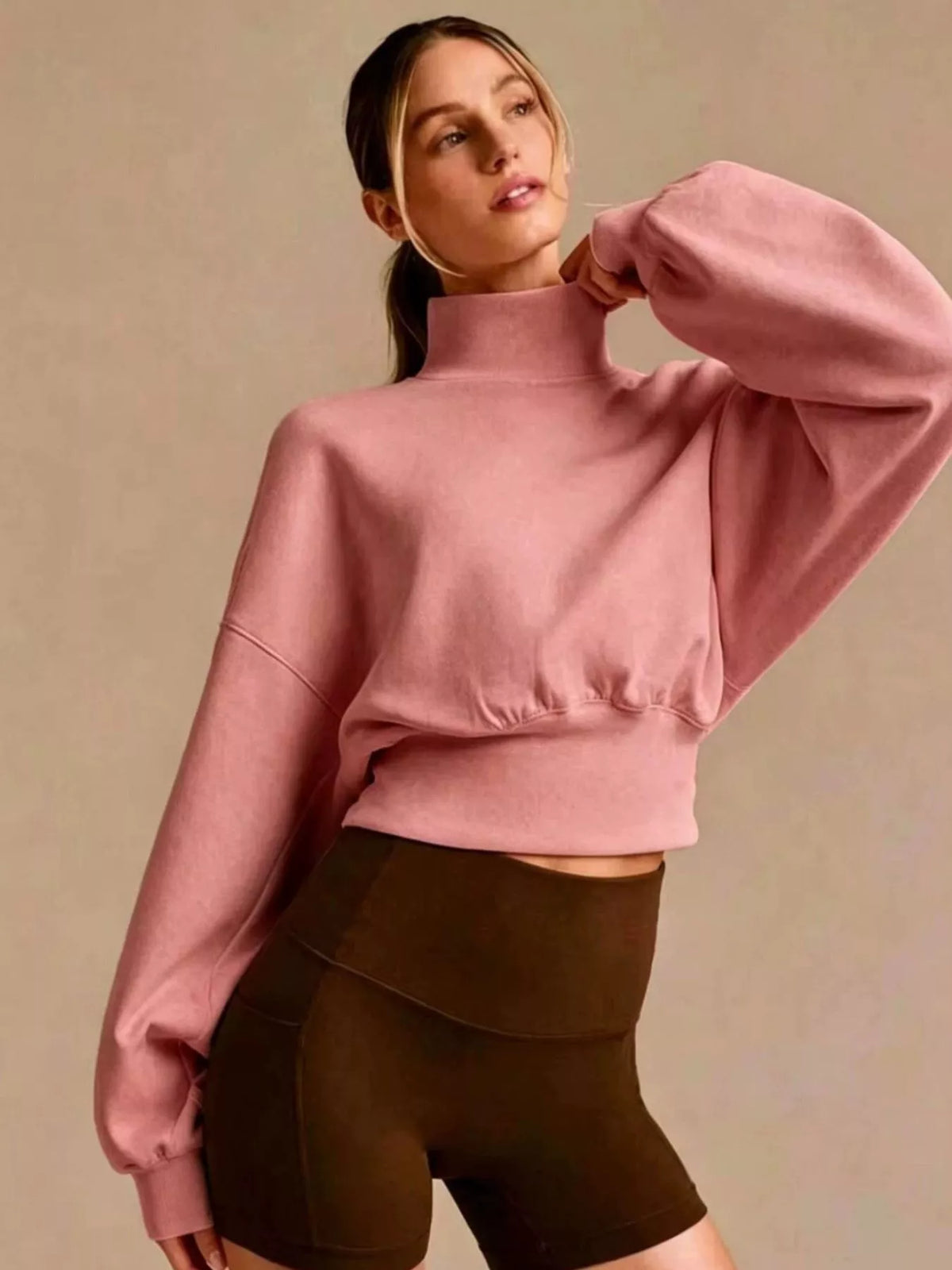 Turtleneck Dropped Shoulder Sweatshirt - Pink - View 1