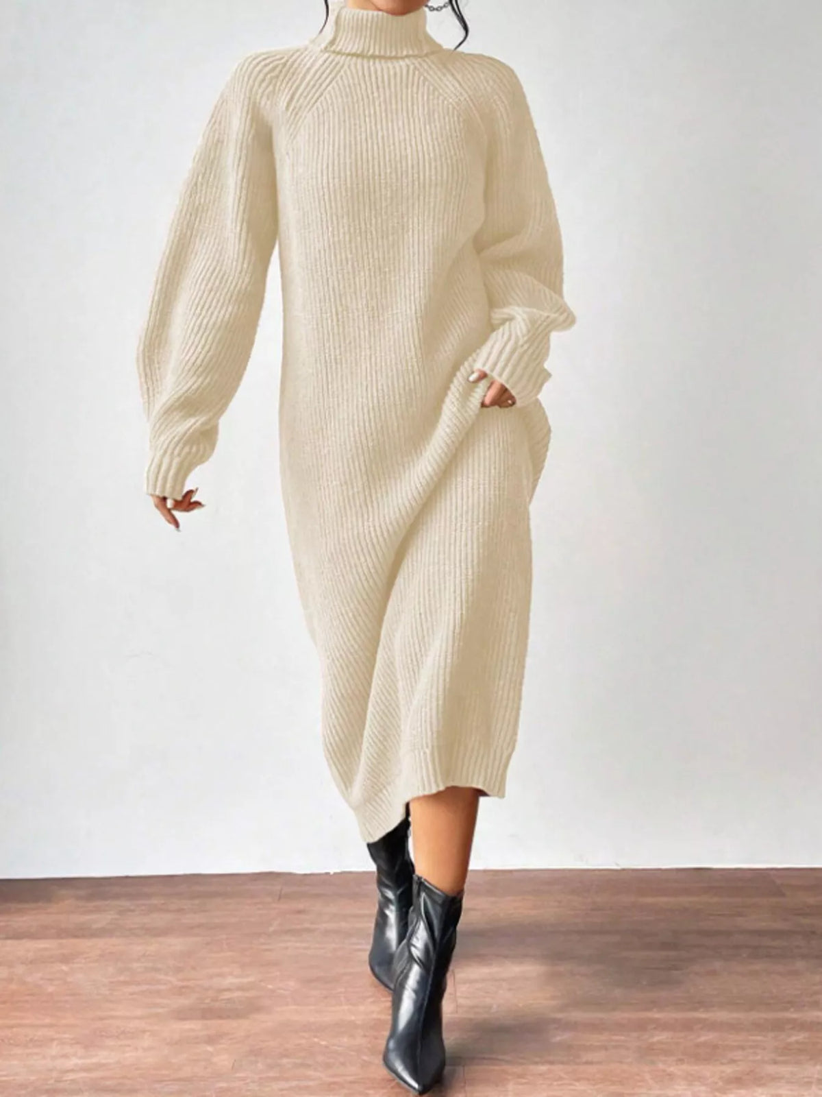 Turtleneck Ribbed Knit Midi Sweater Dress - Apricot - View 1