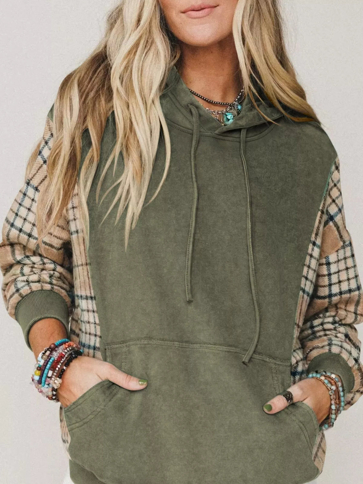 Plaid Sleeve Drawstring Pocket Hoodie - Sage - View 1