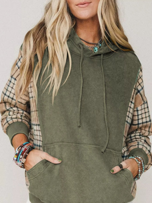 Plaid Sleeve Drawstring Pocket Hoodie - Sage - View 1