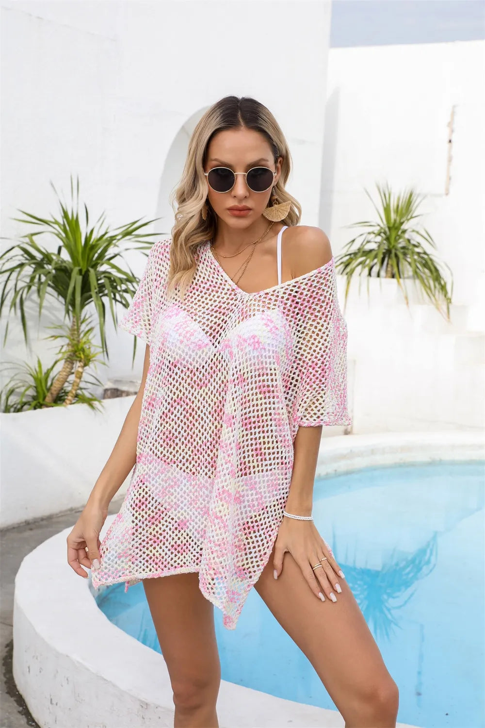 Angel Wings Openwork V-Neck Short Sleeve Cover Up - Blush Pink - View 10