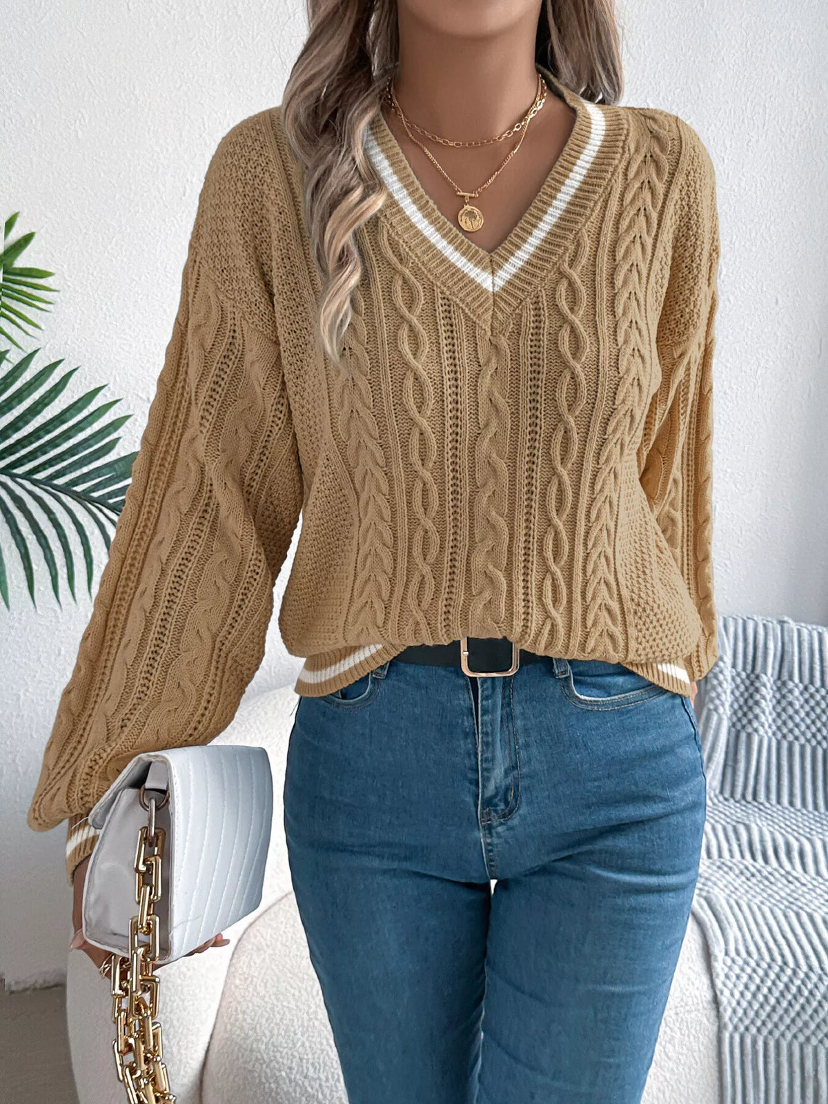 V-Neck Cable Knit Sweater with Striped Trim - Khaki - View 1