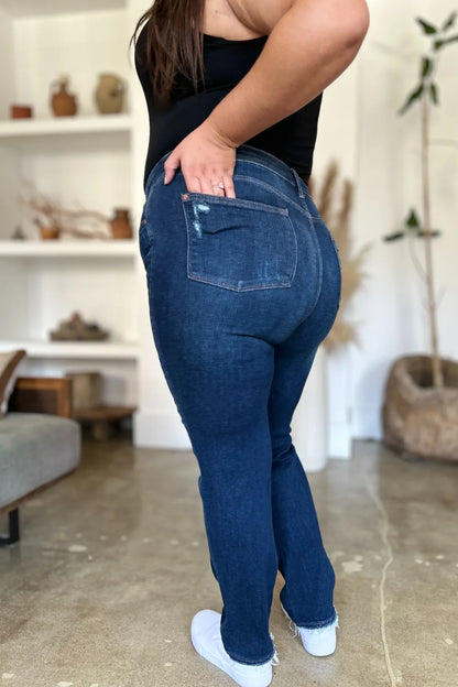 Judy Blue Full Size High Waist Rigid Magic Heavy Destroy Straight Jeans - Dark - View 3
