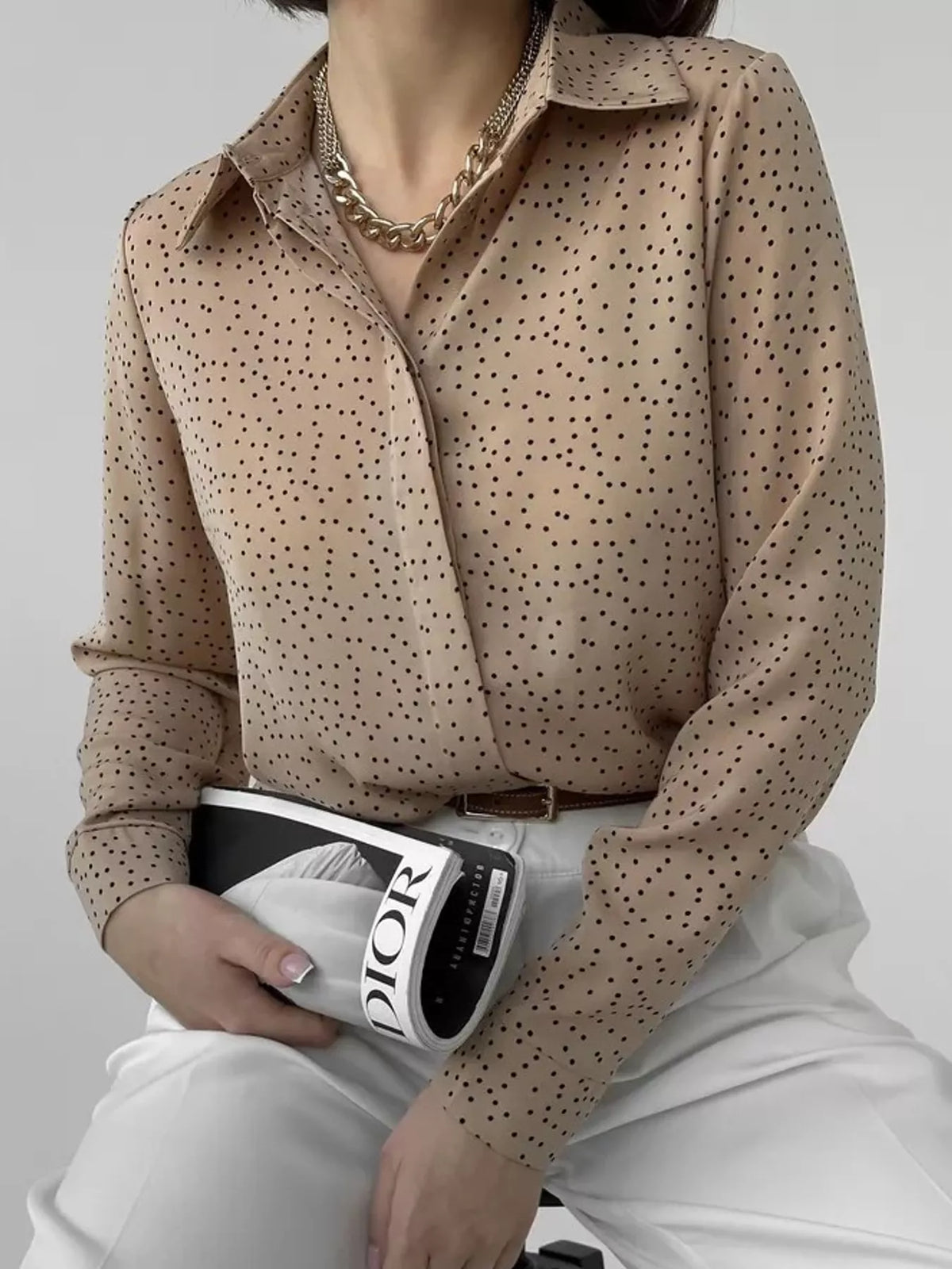 Button Up Long-Sleeve Shirt - Khaki-Polka Dot - View 107