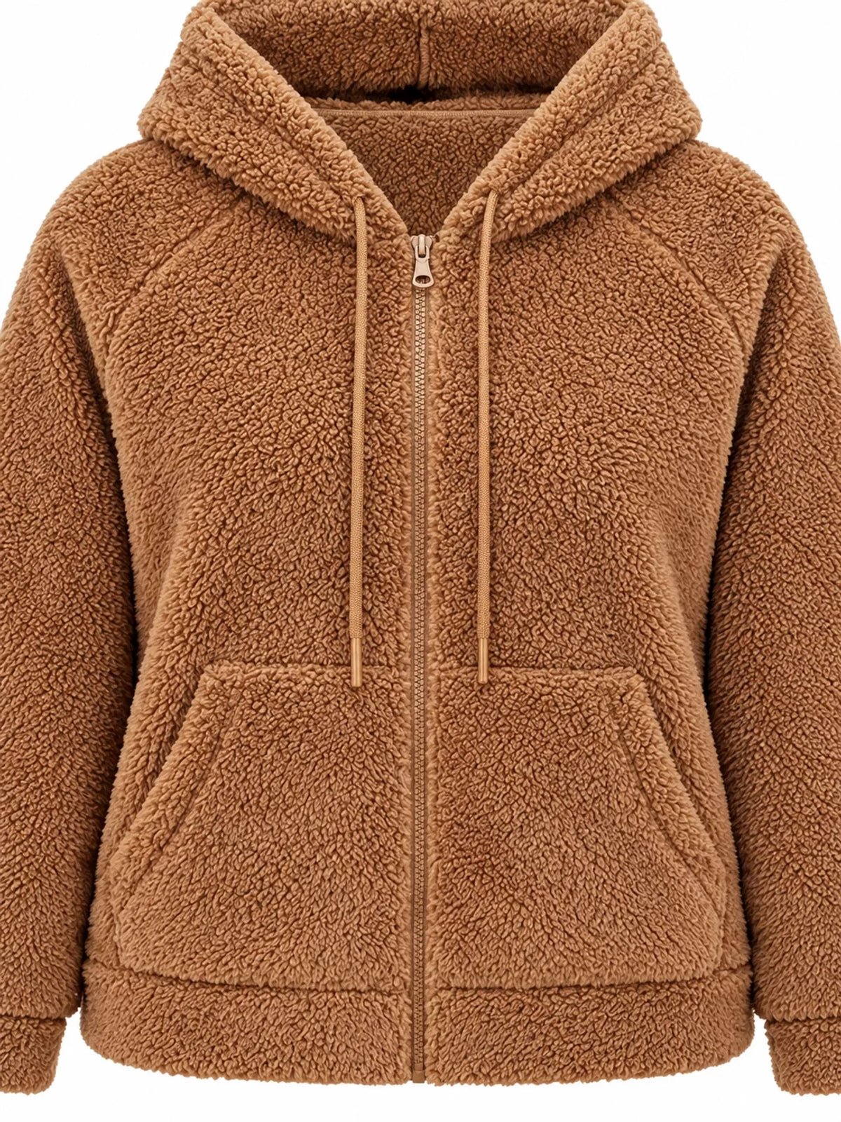Drawstring Sherpa Zip-Up Hoodie - Caramel - View 9