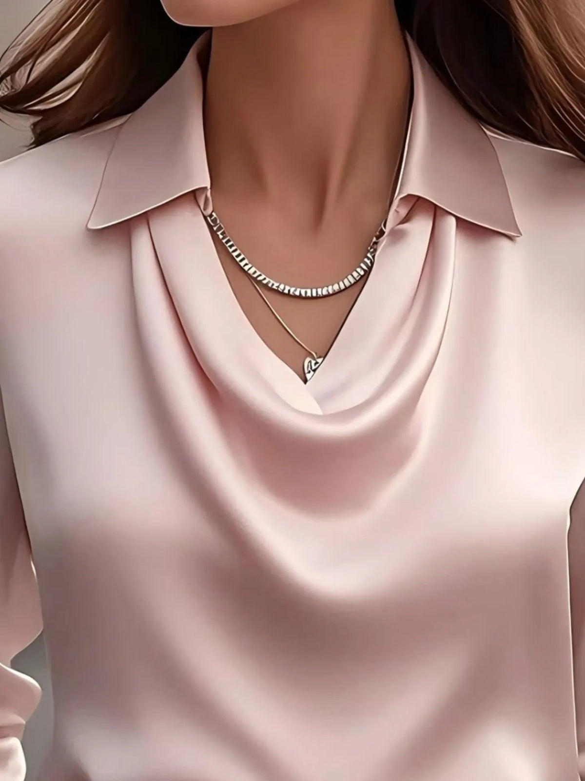 Satin Collar Long Sleeve Blouse - Blush Pink - View 2