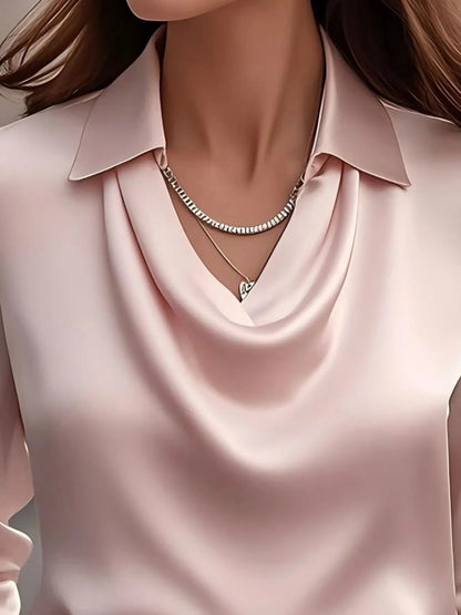 Satin Collar Long Sleeve Blouse - Blush Pink - View 2