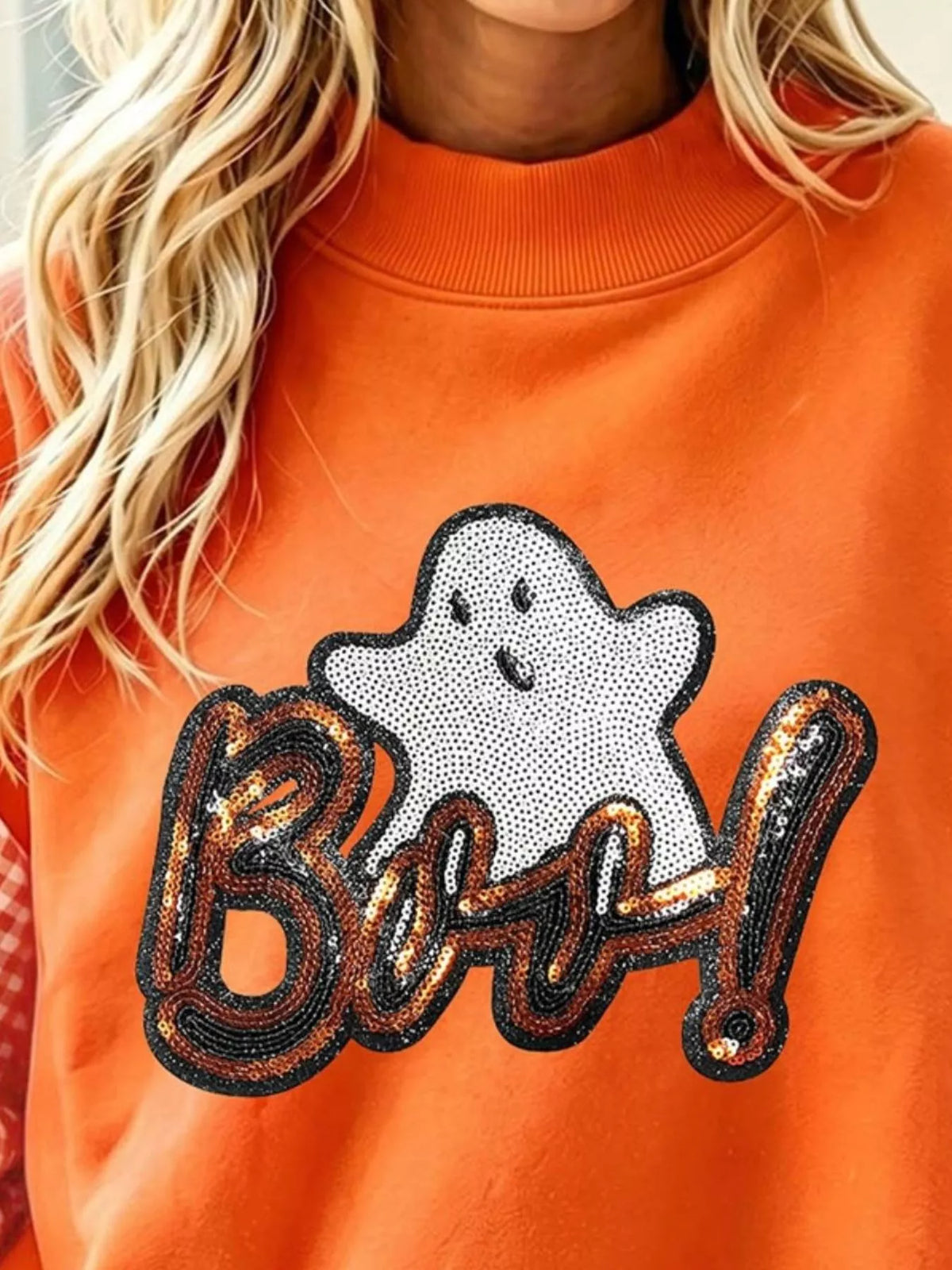 Boo Sequin Ghost Plaid Patchwork Sleeve Halloween Sweatshirt - Orange - View 3