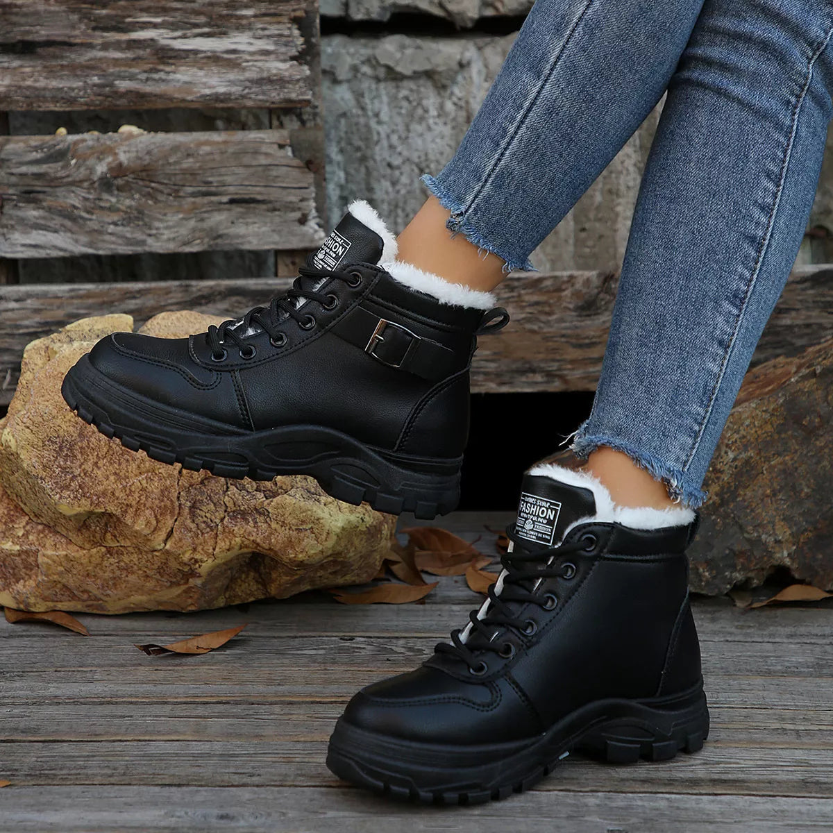 Lace-Up Ankle Boots with Buckle Detail - Black - View 1