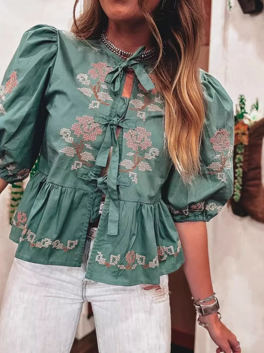 Tie Front Puff Sleeve Blouse - product photo 1