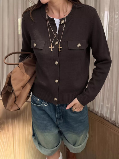 Button Down Long Sleeve Cardigan - Coffee Brown - View 2