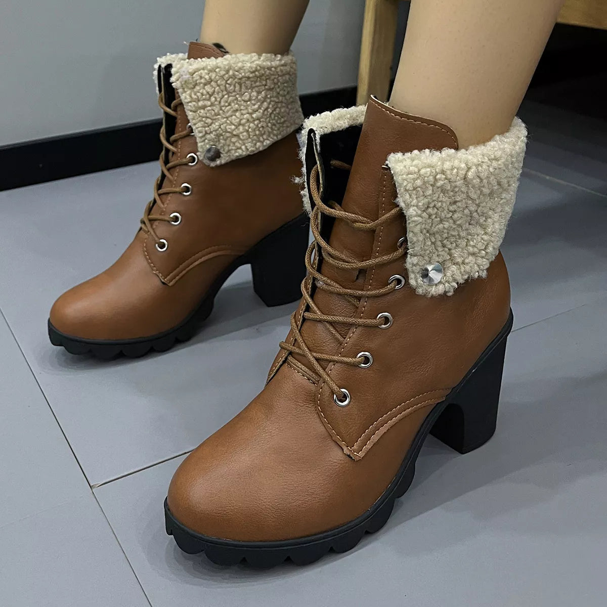 Lace Up Block Heels Boots - Light Brown - View 3