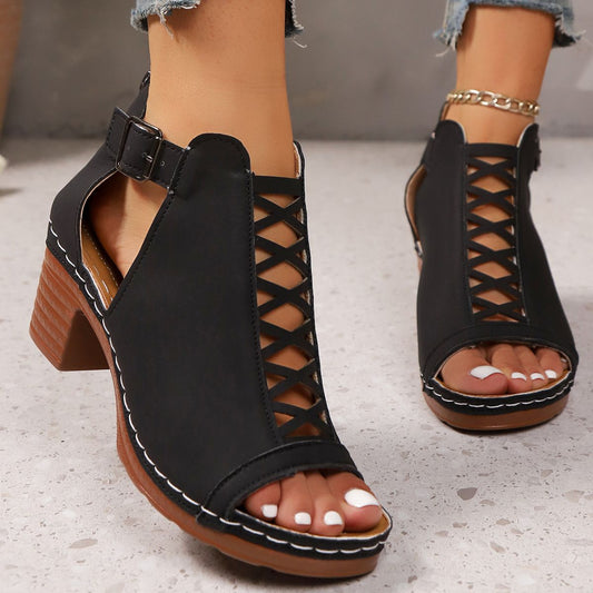 Open Toe Block Heels Sandals - Black - View 2