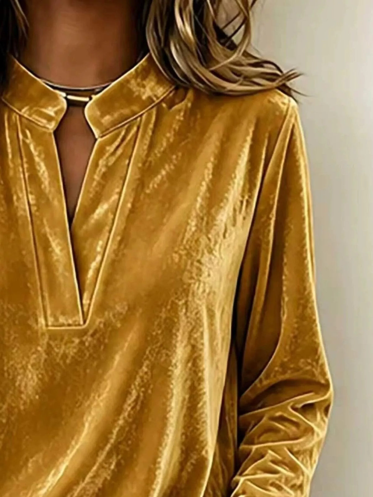 Full Size Velvet Notched Long Sleeve Blouse Plus Size - Gold - View 2
