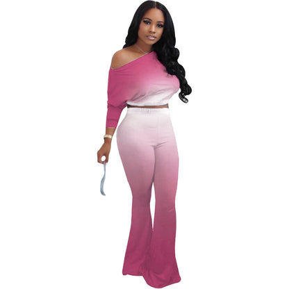 Off-Shoulder Asymmetrical Gradient Solid Color Flared Pants Two-Piece Set