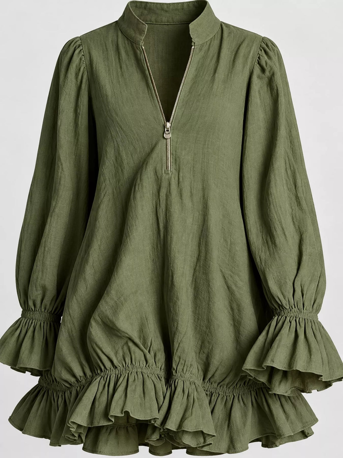Zipper-Front Ruffle Hem Mini Dress - Army Green - View 15