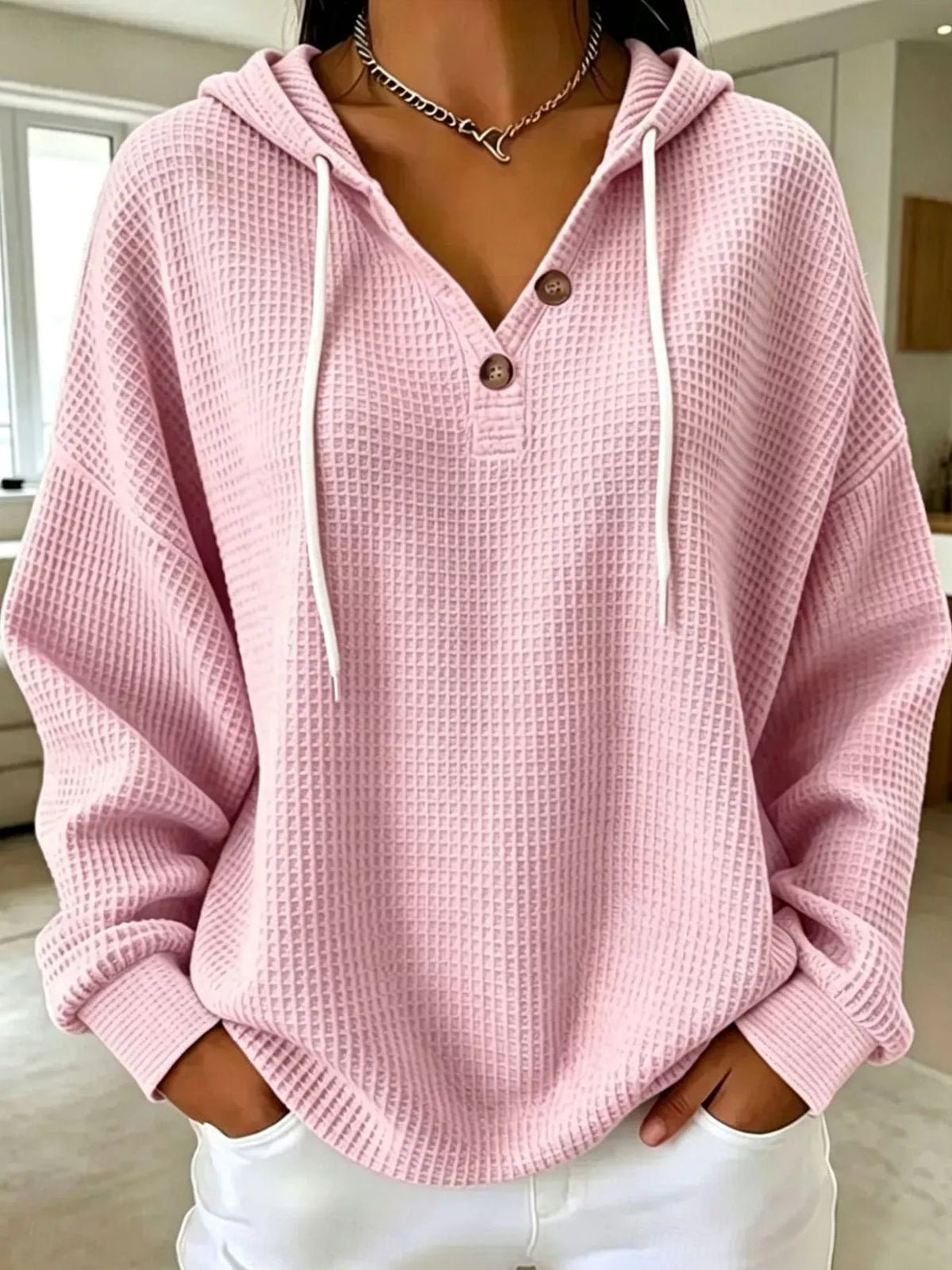 Full Size Waffle Knit Button Detail Hoodie Plus Size - Pink - View 15