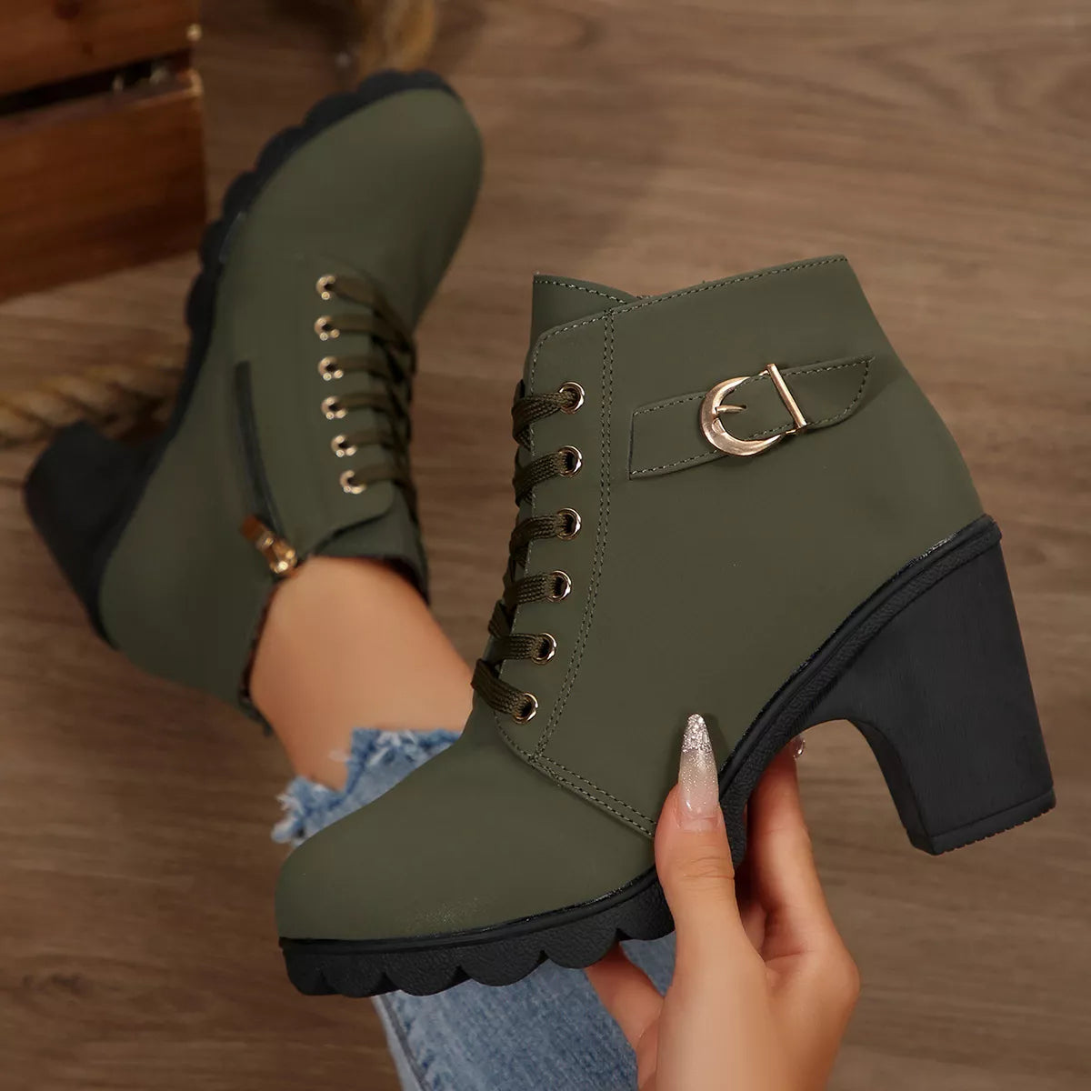 Lace Up Block Heels Boots - Green - View 19