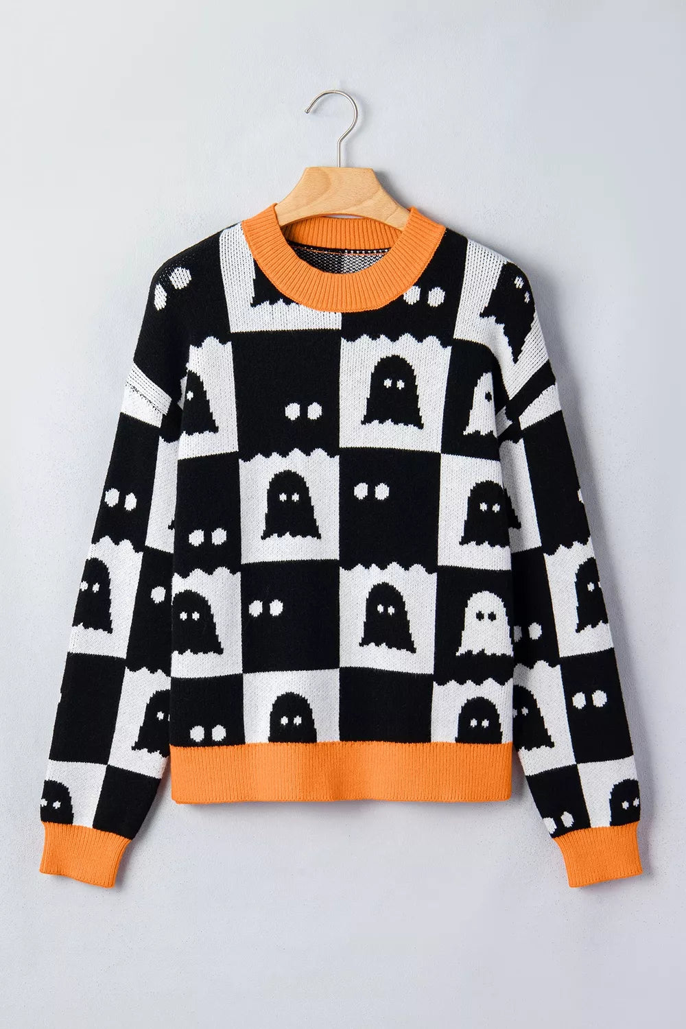 Halloween Ghost Pattern Checkerboard Sweater - Black - View 7