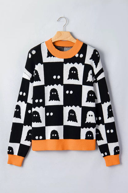 Halloween Ghost Pattern Checkerboard Sweater - Black - View 7