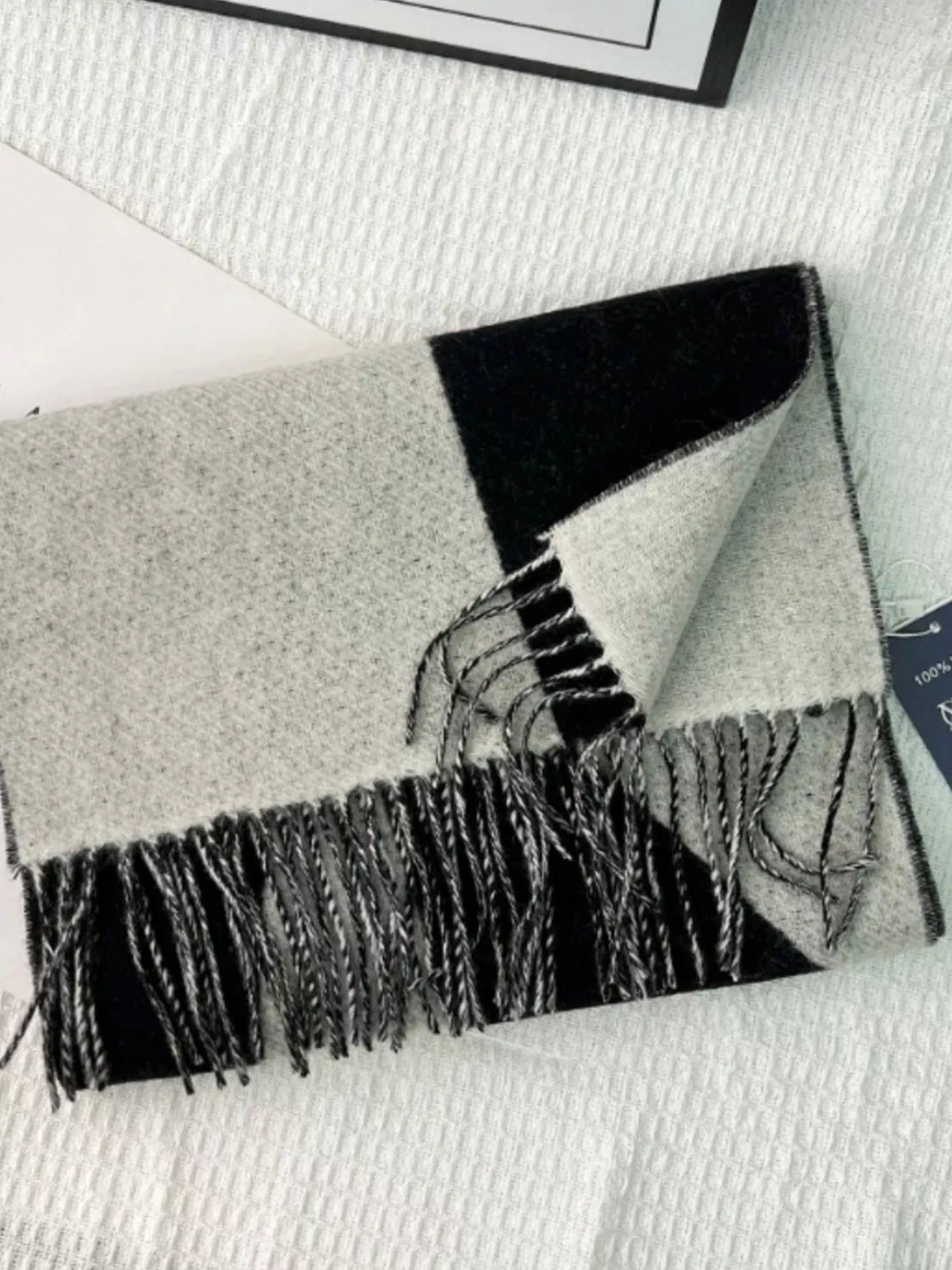 Fringe Color Block Scarf - Black Beige - View 5