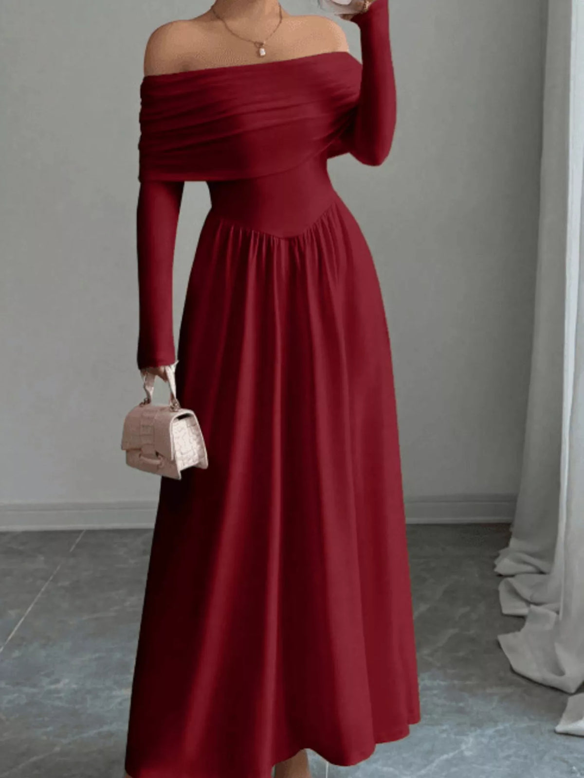 Off-Shoulder Long Sleeve Maxi Dress - Red - View 3