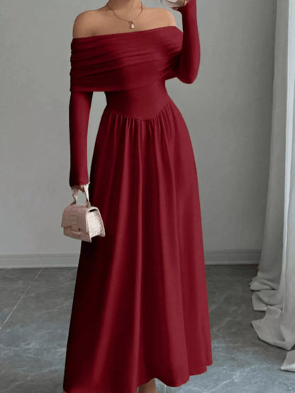 Off-Shoulder Long Sleeve Maxi Dress - Red - View 3
