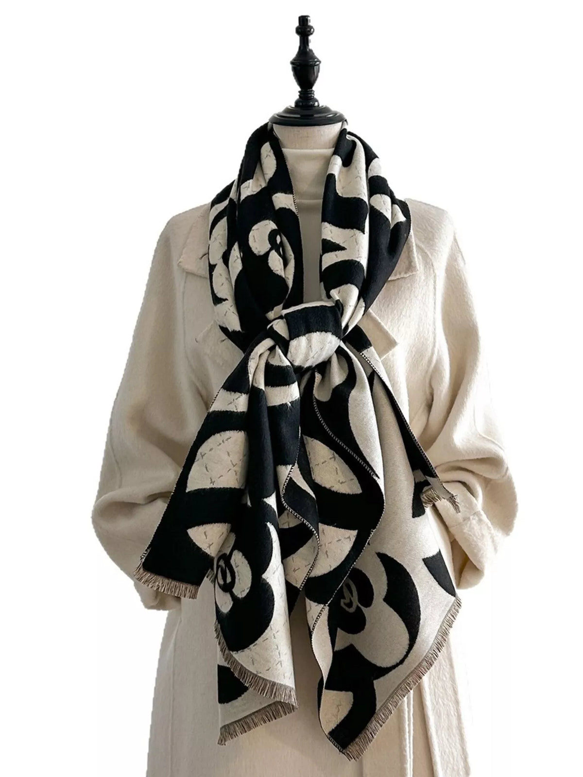 Floral Patterned Warm Scarf - Black - View 10