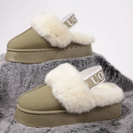 Round Toe Fur Trim Platform Slippers - Sage - View 1