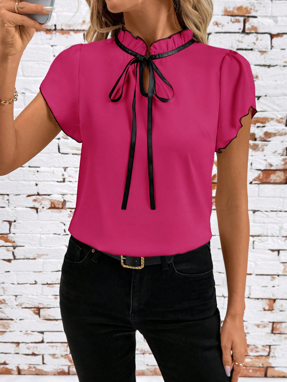 Tie Neck Short Sleeve Blouse - Fuchsia Pink - View 24